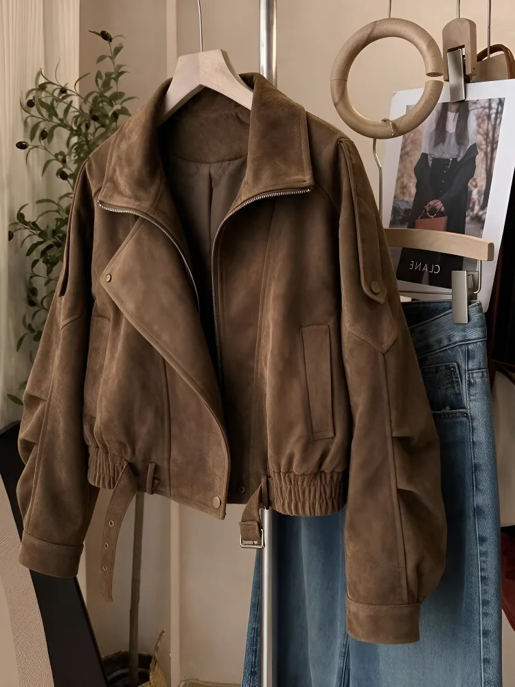 Retro Biker Short Jacket Women's Zipper Collar Cool Autumn 2026 New Small Size Trendy Polyester Fiber Long Sleeve Coat