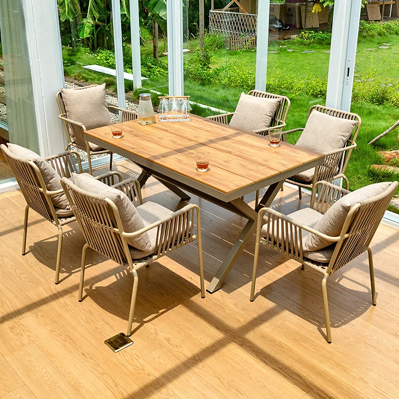 Table and chair preservative wood garden outdoor open-air cafe with plastic wood long table combination