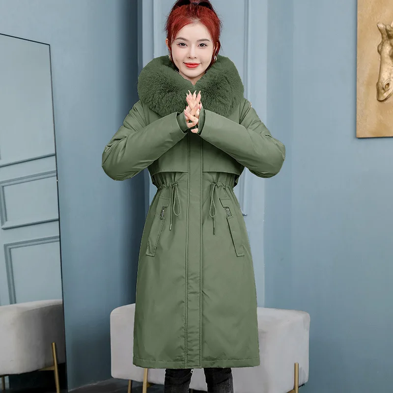 Women Hooded Parkas Coats Solid Jackets Zipper Detachable Pocket Drawstring Long Sleeves Longline Thick Slim Casual 2025 Winter