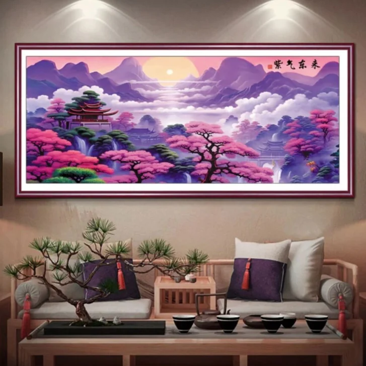 Purple Landscape 11CT Printed Needlework,DIY Living Room Printed Cross Stitch,Sets For Embroidery Kit Full Cotton 53 Colors