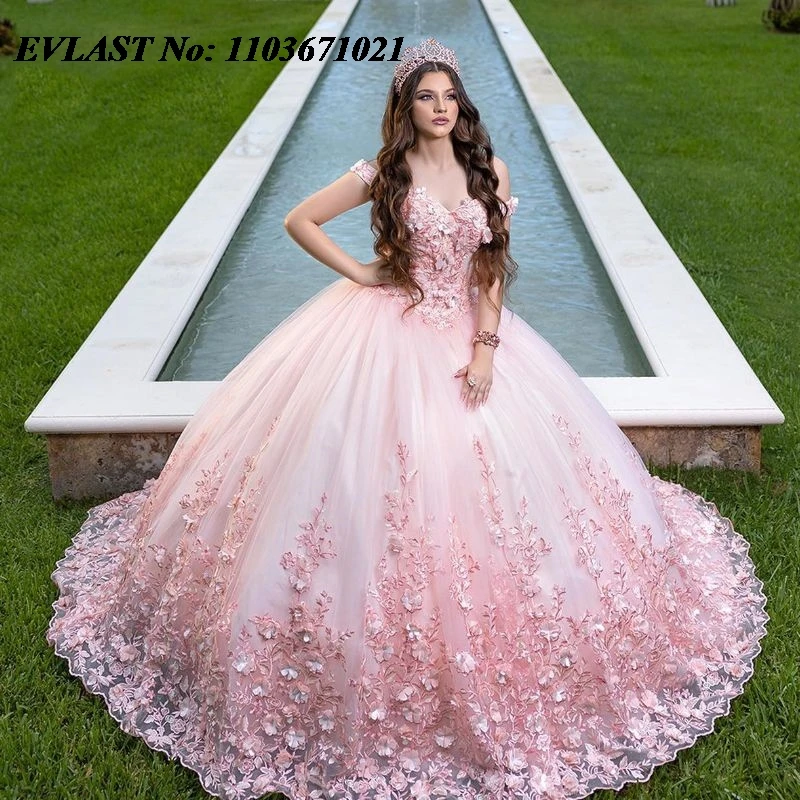 

EVLAST Mexico Pink Quinceanera Dress Ball Gown 3D Floral Applique Beading Crystals Corset Sweet 16 Vestidos De XV 15 Anos SQ134