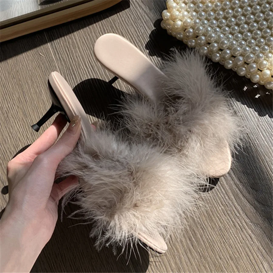 

High Heel Fur Slippers for Woman 2024 Summer Women's Shoes Pointed Toe Prom Dress Pumps Luxury Gladiator Sandals Sexy Mules