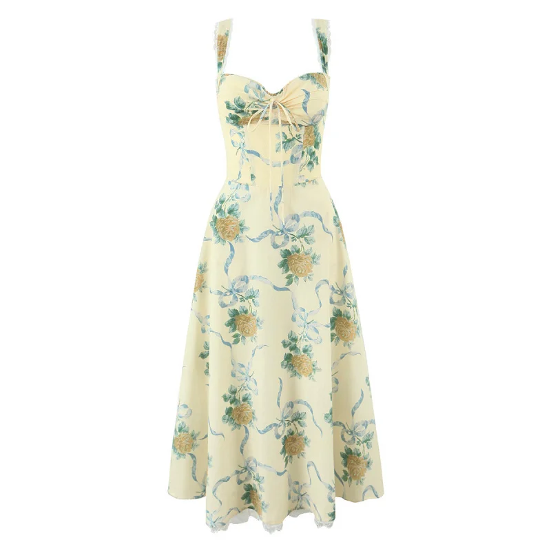 

2025summer new slimming cotton printed lace stitching mid-length dress