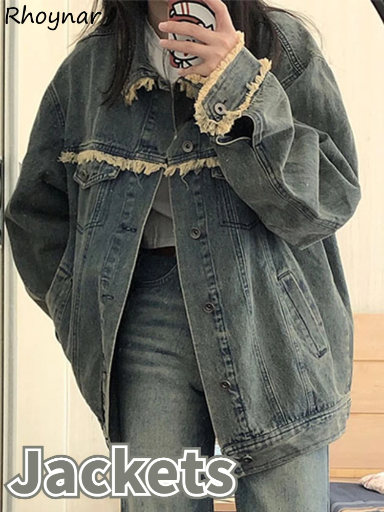 

Denim Jackets for Women Clothing Ripped Vintage Solid Baggy Streetwear Cool Autumn Unisex All-match Aesthetic Casual Harajuku