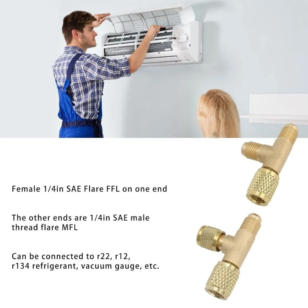 1/4 SAE Brass Tee Adapter Quick Connect Three-Way Tube Fitting Easy Operatio High Reliability Hose Connector for R22 R12 R134
