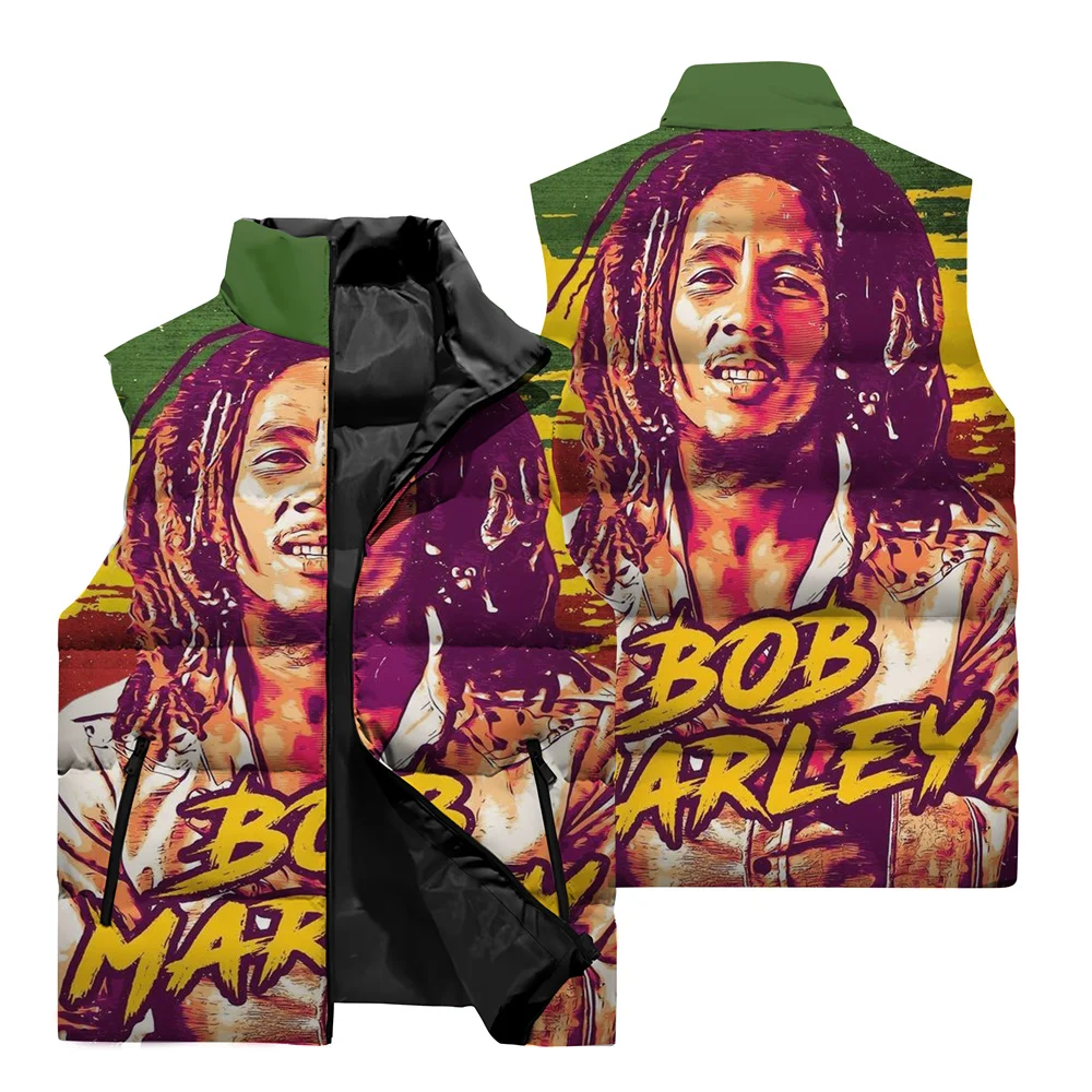 BOB MARLEY Printed Pattern Vest Winter Outdoor Sports Cold Protection Warm Cotton Vest Oversized Street Fashion Wear Jacket