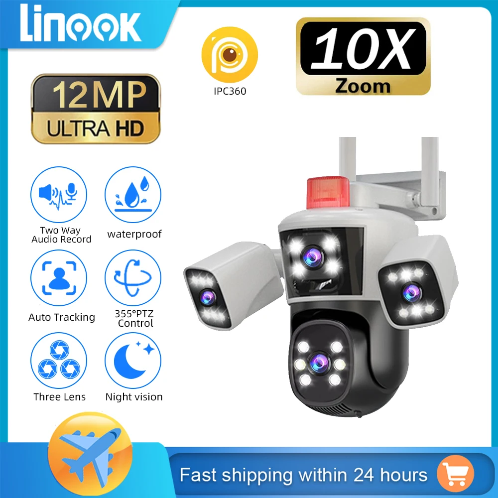 Linook WiFi-bewakingscamera, 12MP, 6K, 360,3 lenzen, CCTV WiFi-buitencamera, IP-camera, PTZ-beveiligingscamera