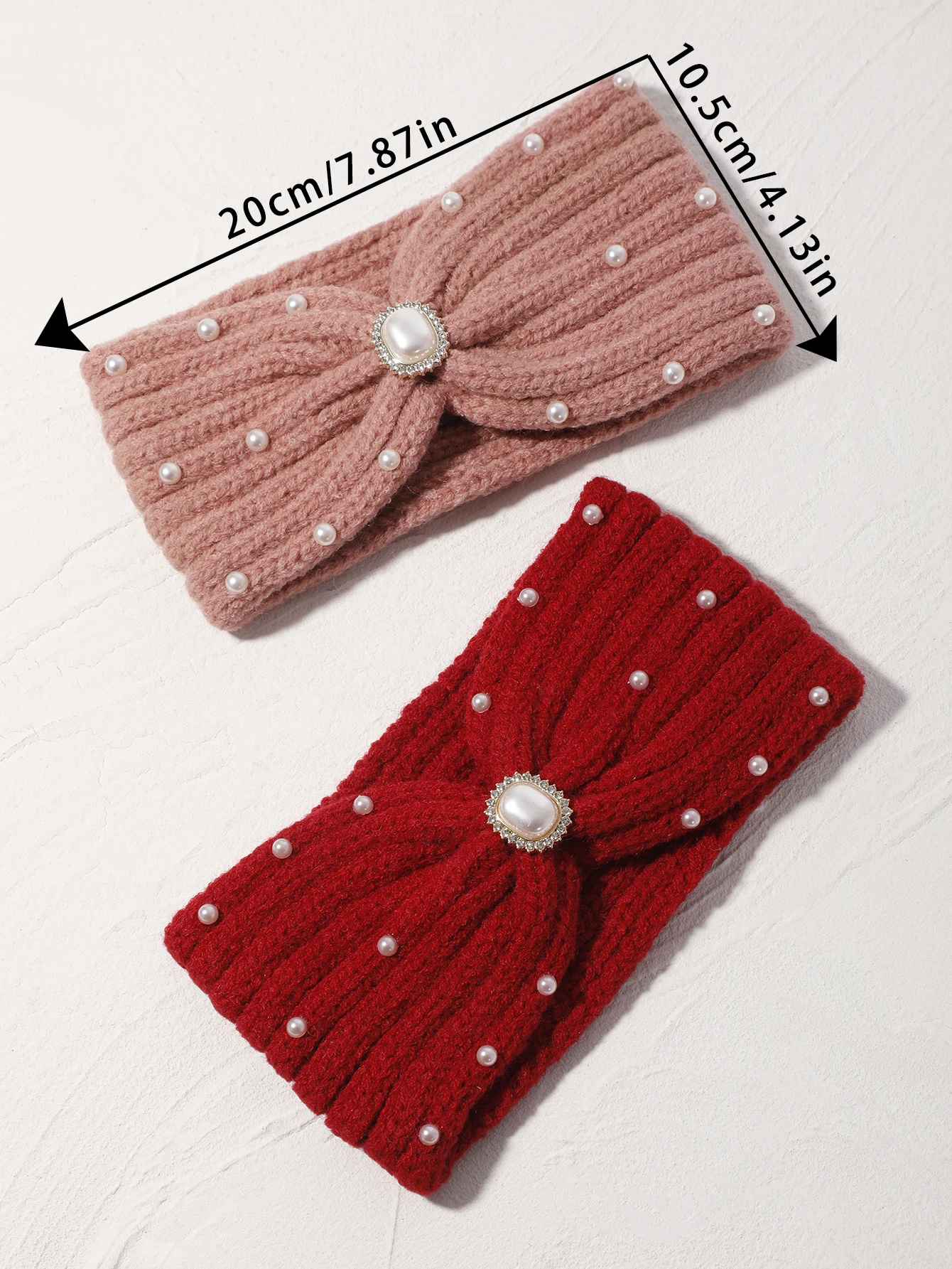 2Pcs Wool Bow Knotted Headband Pearl Knitting Turban Solid Color Woven Warm Elastic Hair Accessories Hair Bands for Girls Women