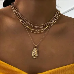 Fashion Vintage Virgin Mary Portrait Pendant Necklace For Women Female Boho Multilevel Geometric Punk Chain Jewelry Wholesale