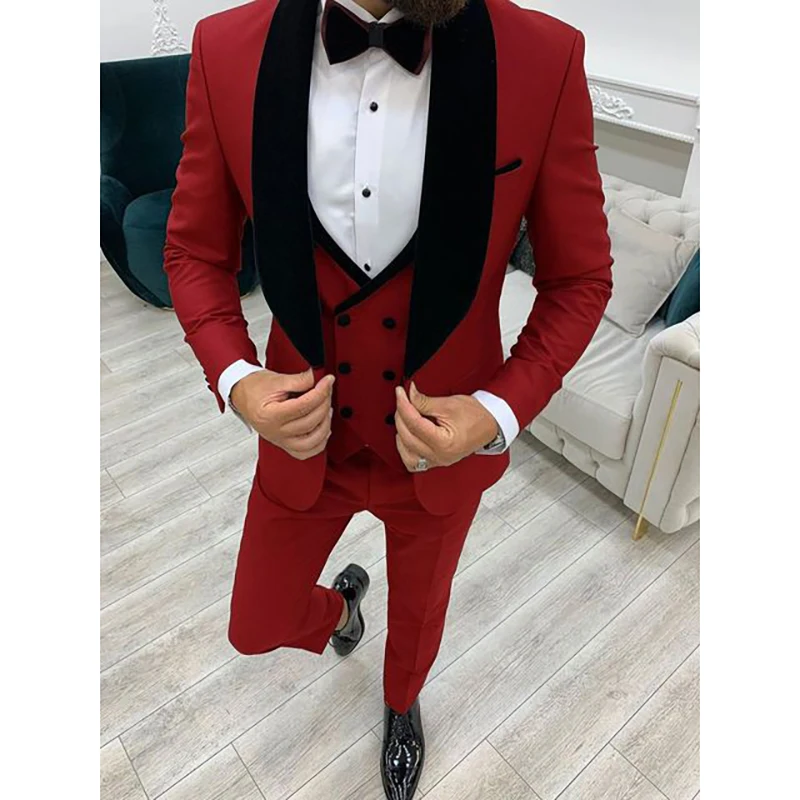 Luxury Men's Suits Red Three Piece Wedding Blazer Black Shawl Lapel Jacket Pants Vest Hombres Terno Outfits Formal Costumes