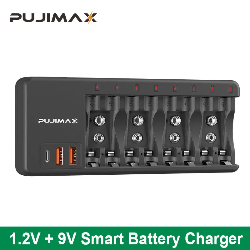 

PUJIMAX 1.2V Smart Battery Charger AA/AAA 8-Slot Ni-MH/Ni-Cd Rechargeable Charger With 9V Li-ion Multifunctional Battery Charger