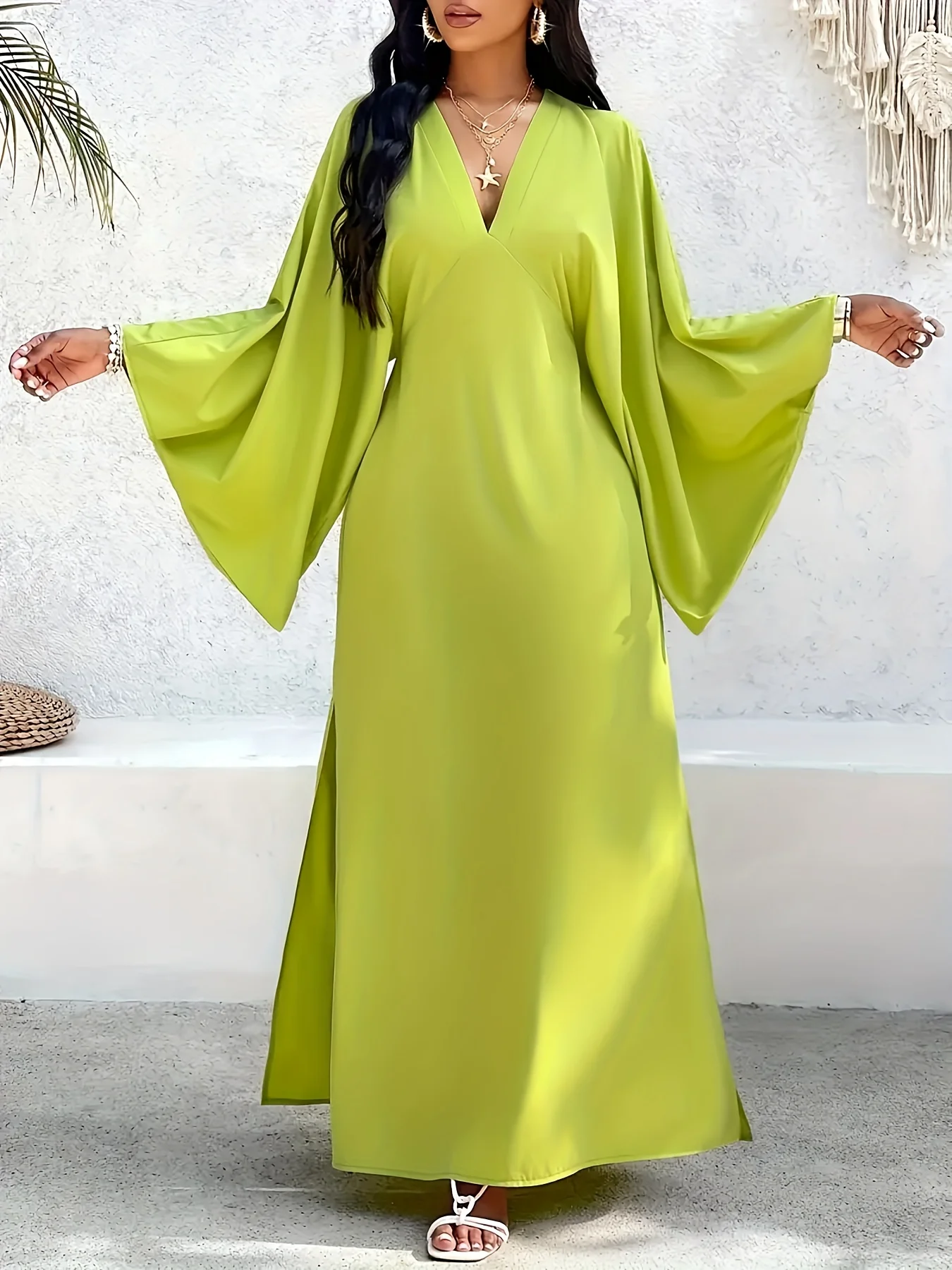 Plus size autumn and winter elegant fashion oversized loose sleeves solid color V-neck dress bat sleeve side slit design