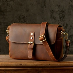 Men's Genuine Crazy Horse Leather Shoulder Bag Women's Vintage Cowhide Leather Crossbody Bags Handmade Small Messenger Handbag