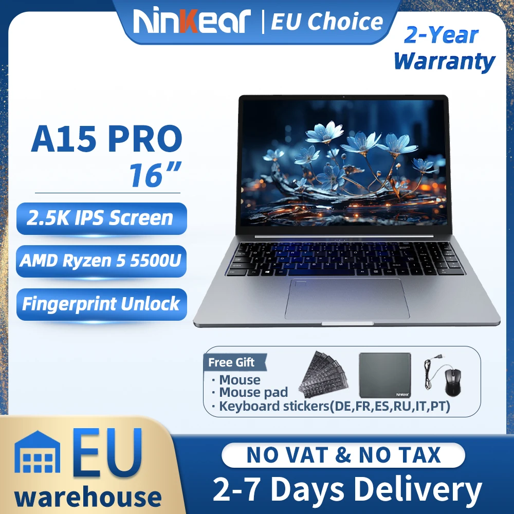 Laptop Ninkear A15 Pro 16 IPS 2.5K FHD AMD Ryzen 5 5500U Notebook 16G DDR4 + 1TB 54Wh Batteria Windows 11 PRO Computer da ufficio