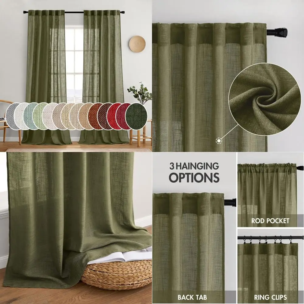 

Olive Green Linen Curtains, 108 Length, 2-Panel Set, Semi-Sheer Light Filtering, Back Tab for Home Decor