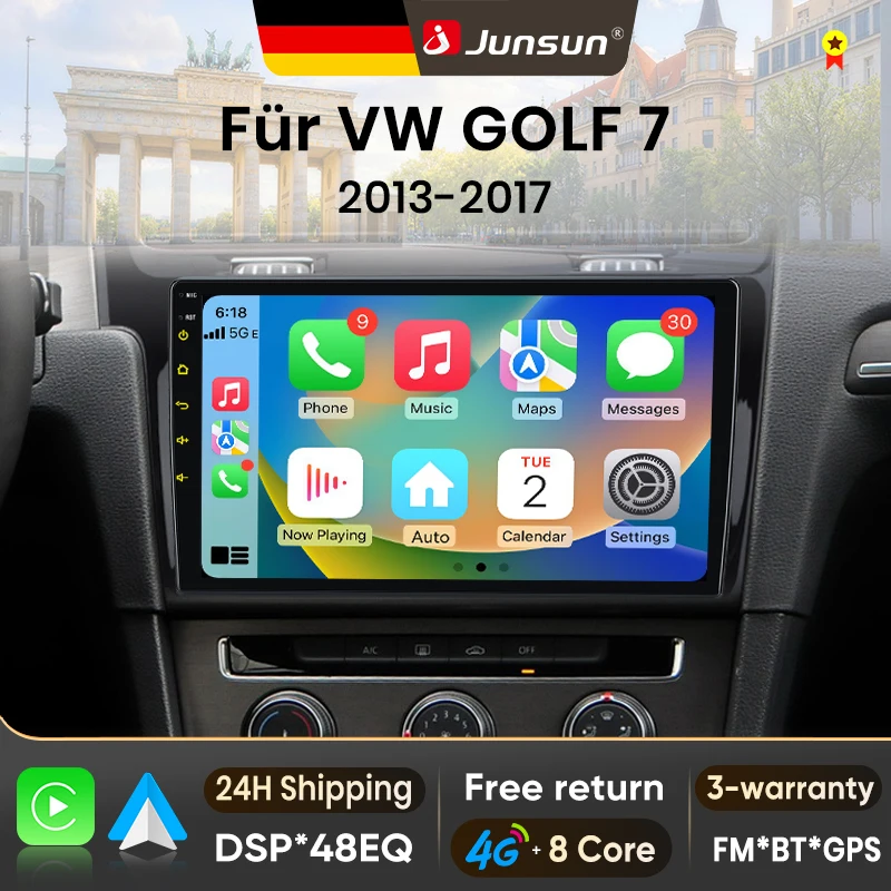 Autoradio Android 15 10 pouces Junsun pour Volkswagen VW Golf 7 2013-2017, sans fil, compatible Apple CarPlay, écran IPS, lecteur multimédia vidéo, système intelligent automobile, autoradio 2 Din, navigation GPS, Bluetooth 4G, WIFI, 8 cœurs, FM, DSP, RDS, DA