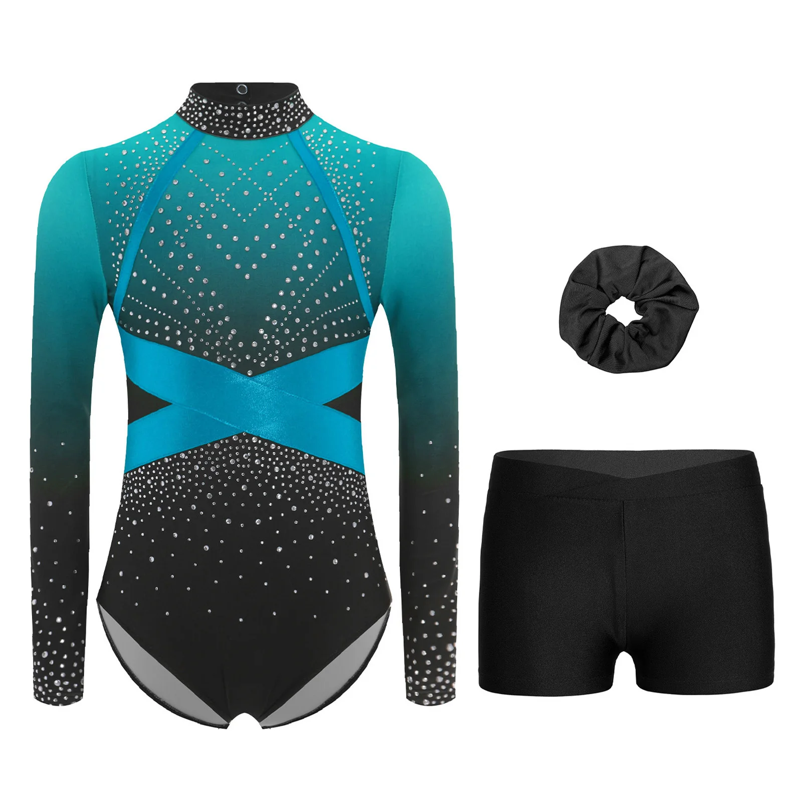 ملابس رقص الجمباز للفتيات بأكمام طويلة من حجر الراين للتزلج على الجليد مع شورت بحزام خصر مطاطي وعصابة شعر