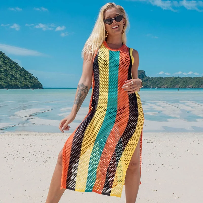 بوهو مخطط حك الكروشيه تونك بيكيني Cover مثير بلا أكمام شبكة شاطئ فستان المرأة ملابس الشاطئ لباس سباحة التستر