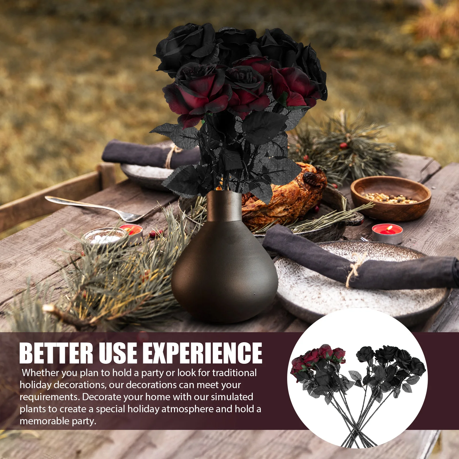 

12 Pcs Artificial Rose Goth Decor Halloween Decorative Bouquet Black Roses Plant Bride