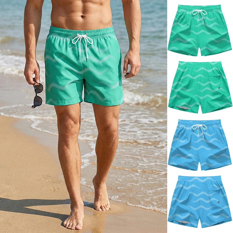 

Мужские пляжные шорты с волнообразным принтом, летние повседневные шорты с сетчатой подкладкой и карманами, быстросохнущие плавки, купальник