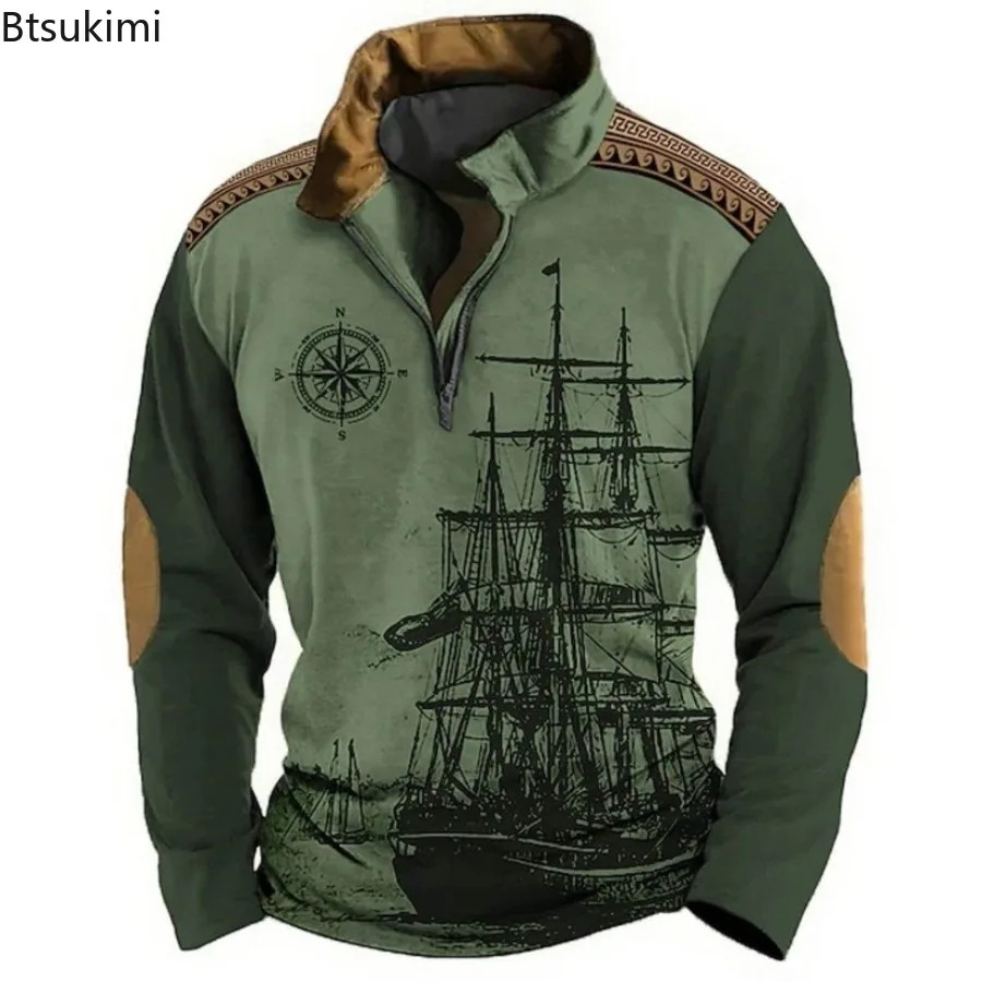 Men's Vintage Style Printed Half Zip Long Sleeve Tops Fashion Boat Compass Pattern Stand Collar Sweatshirt Spring Casual Clothes