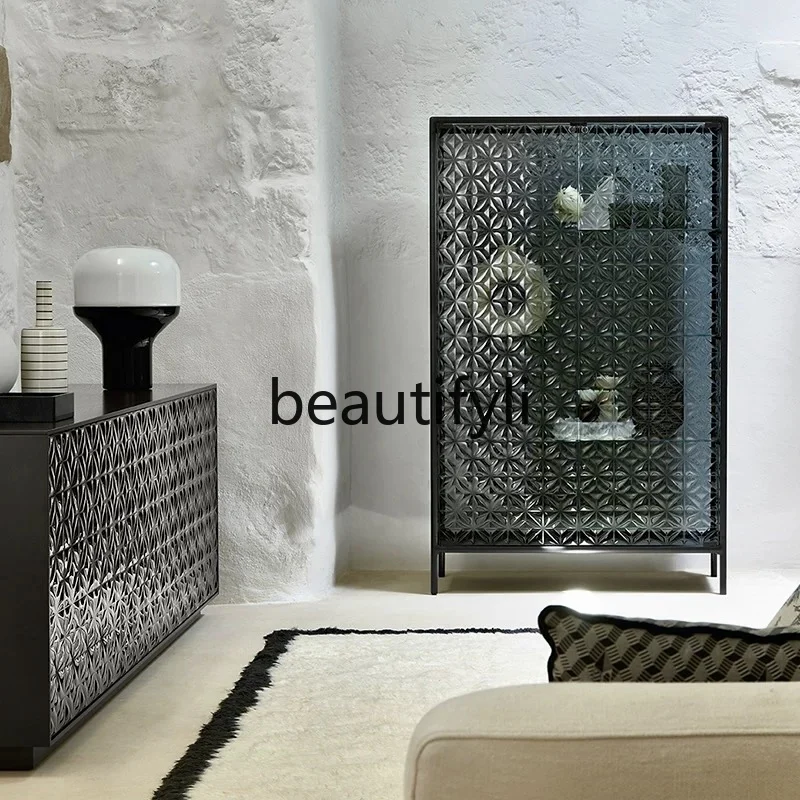 D2520 Carved glass with background light display wine cabinet living room double door dining side cabinet