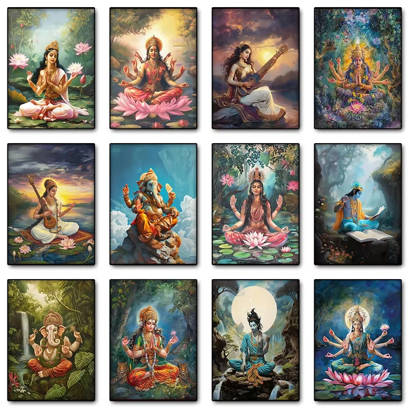 Divine Goddess Durga Hindu Indian Hindu Meditation Yoga Poster Print Wall Art Pictures Canvas  Living Room Home Decor