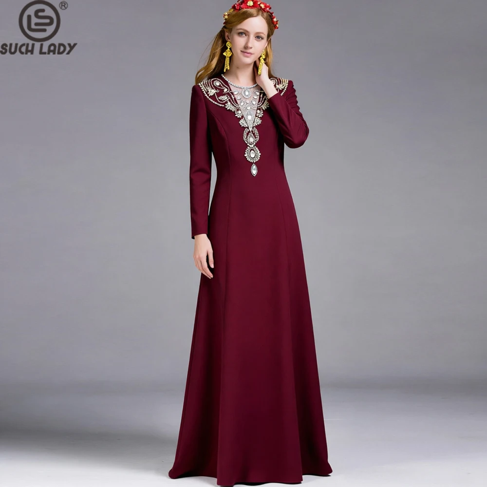 Women's Burgundy V-Neck Crystal Beaded Maxi Evening Gown, Elegant Long Sleeve Formal Dress with Sequin Mesh Detail