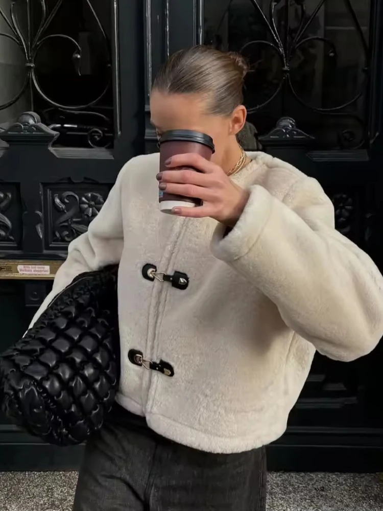 

HH Women Fashion Long Sleeves Knot Buckle Pocket Decoration O-Neck Reversible Jacket Woman Winter Casual Loose Street Short Coat