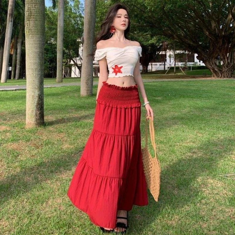 

Pure desire off shoulder lotus leaf edge star print top+ half body long skirt two-piece set women's summer vacation style set
