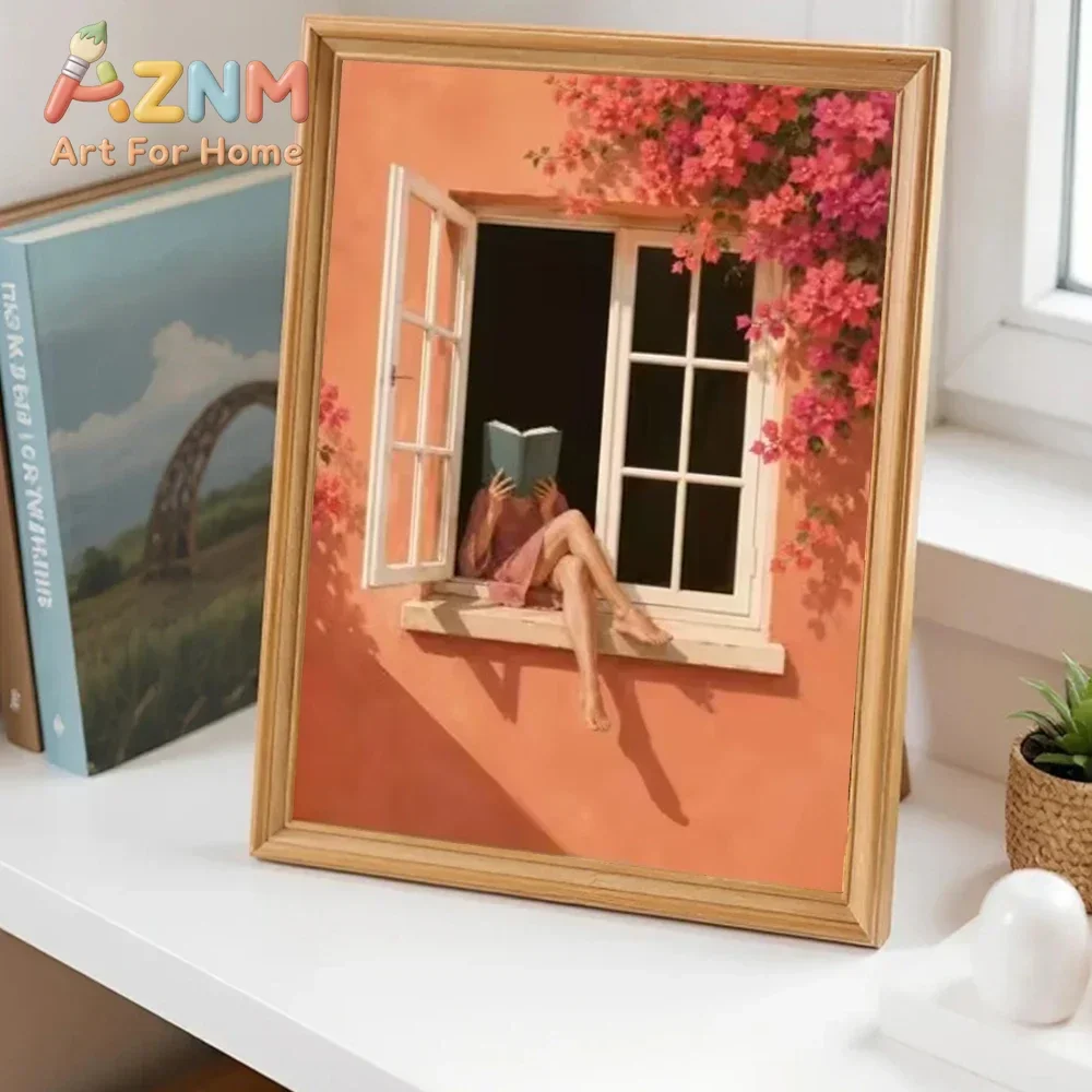 Multi-size 1PC frameless high-definition decorative paintings,Bohemian Style Soft Tone Woman Reading On Window Sill Canvas Paint