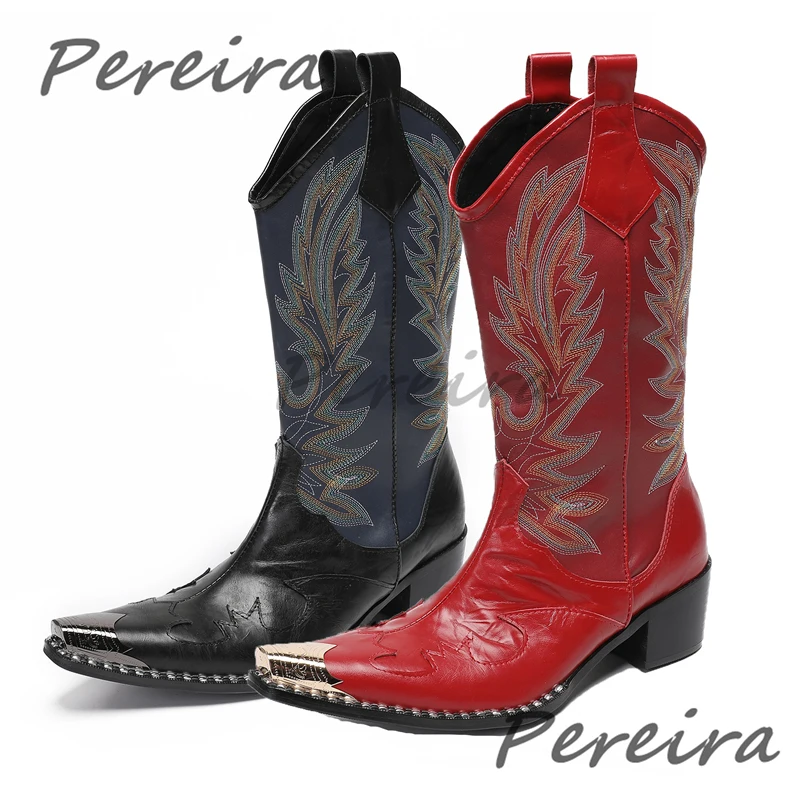 

Мужские ручной работы ботинки в стиле ковбоя на осень-зиму, ретро, с вышивкой, металлическим острым носком, на толстом каблуке, для вечеринок и свадеб