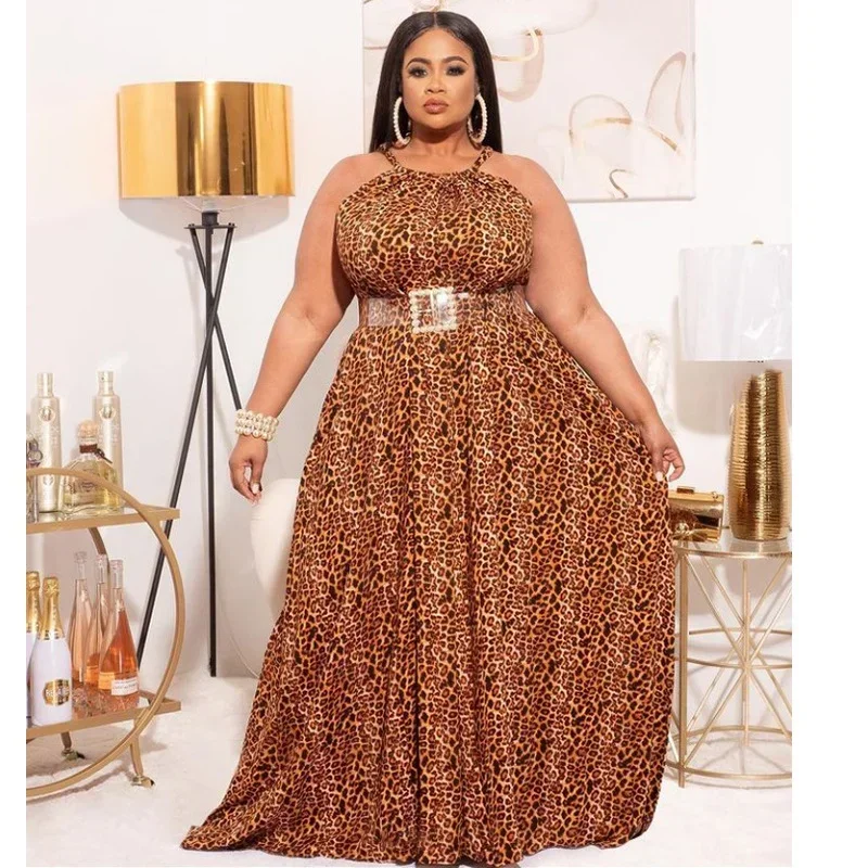 KEXU Leopard Print Plus Size Women Halter Backless Big Swing Floor Length Maxi Dress 2024 Summer Beach Boho Holiday Dresses