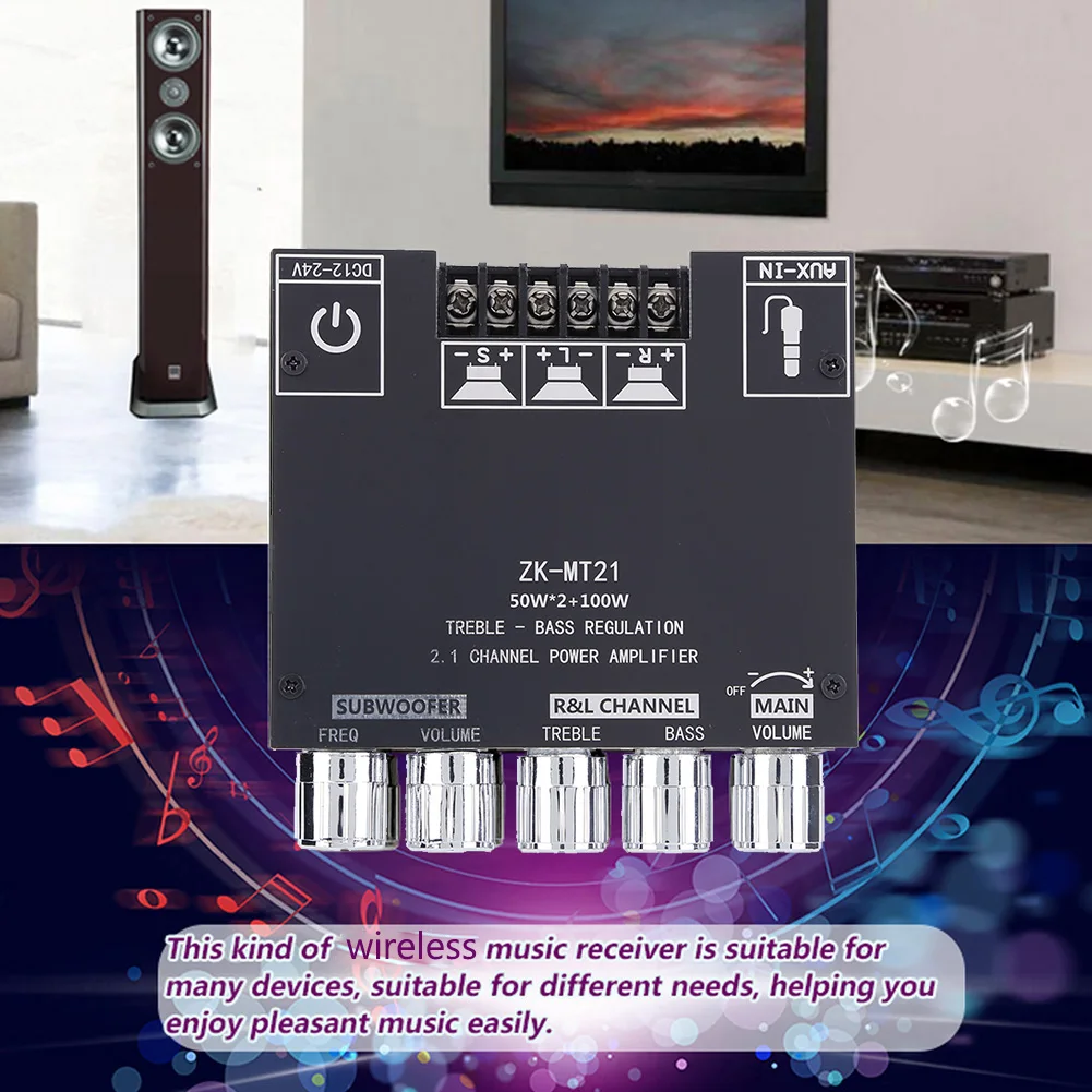 ZK-MT21 Digital Power Amplifier Board 2x50W+100W 2.1 Channel Subwoofer AUX 12V 24V Audio Stereo Bluetooth 5.0 Bass Amplifier