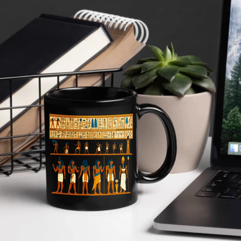 Egyptian hieroglyphic black mug with ancient Egyptian gods and symbols, suitable for drinking coffee, tea or water at home or in