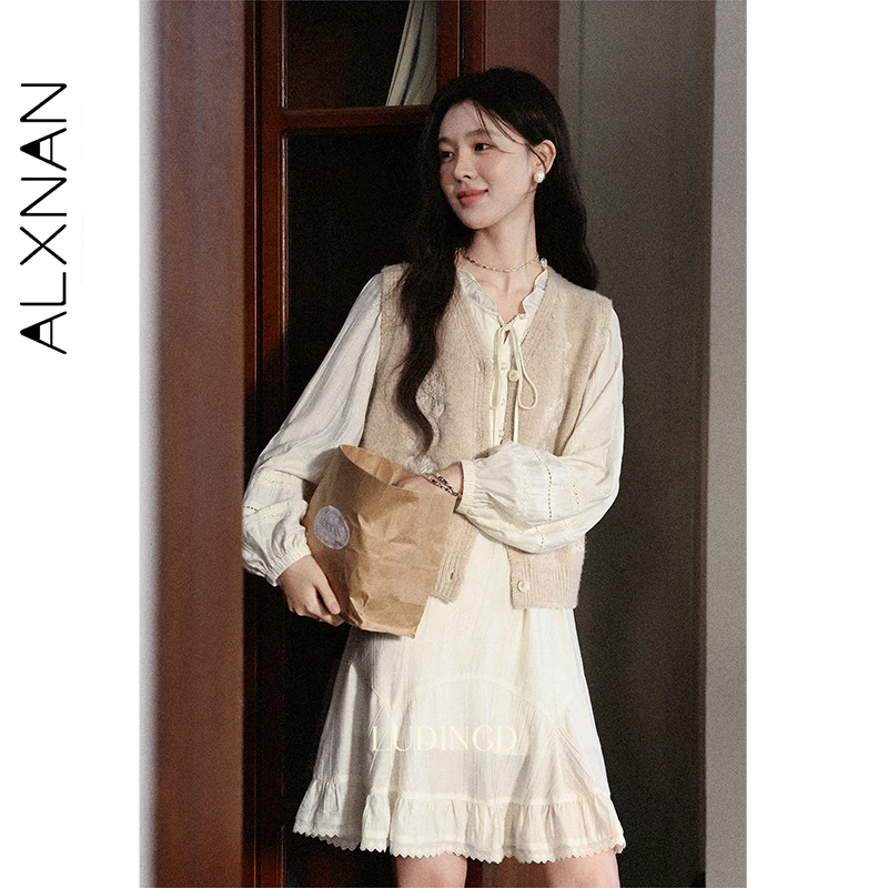 ALXNAN Bezrękawniki z dekoltem w serek Zapinane na guziki Kardigany dzianinowe Damskie Jesienne Miękkie Warstwy do Noszenia na Wierzch Uniwersalne Swetry Odzież Damska L57223