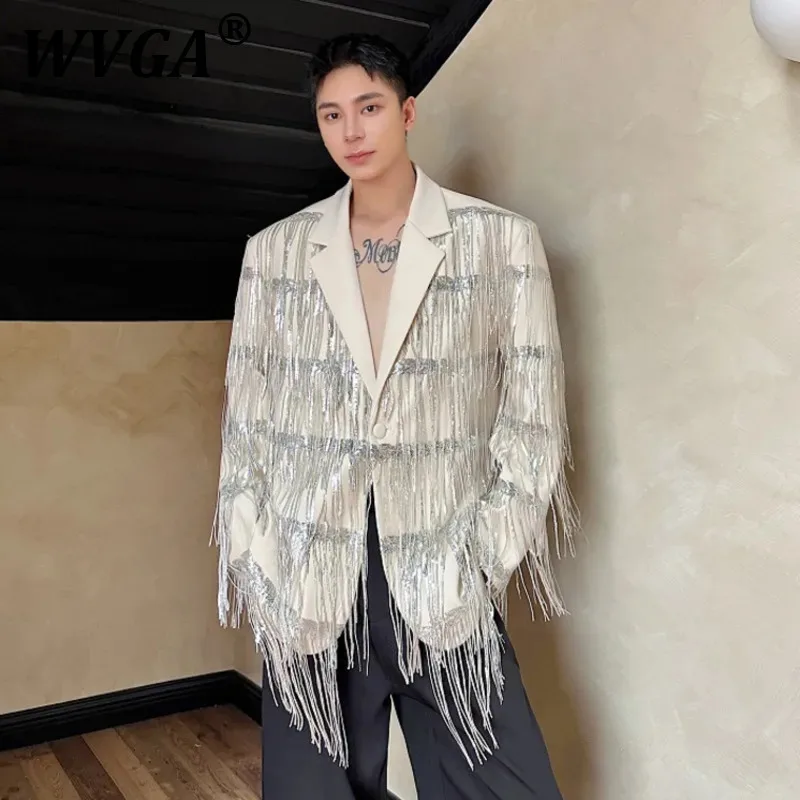 

WVGA Spring Autumn New Men's Tide Techwear Tassel Sequin Mesh Design Fashion Casual Blazer Niche Loose Chic Suit-Coats Ins W7501