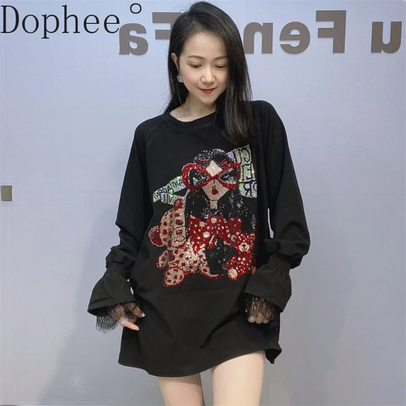 

Fashion O-neck Pullover Top Autumn Winter Oversize T-shirt Women Mid-long Basic Shirt Cartoon Hot Driling Lace Long Sleeve Tee