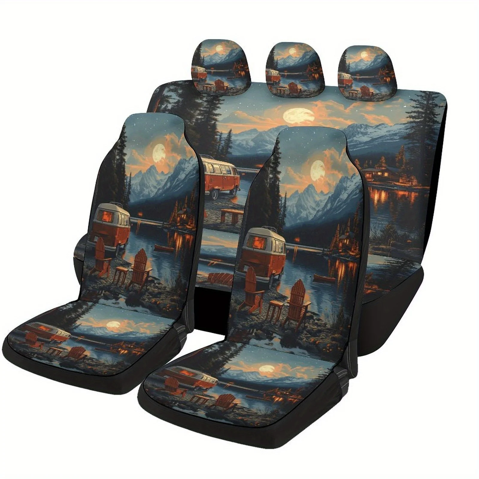 Set Of Car Seat Covers Designed With A Moonlit Lake Theme, Suitable For Various Vehicles. This Stylish And Unique Full Set Inclu