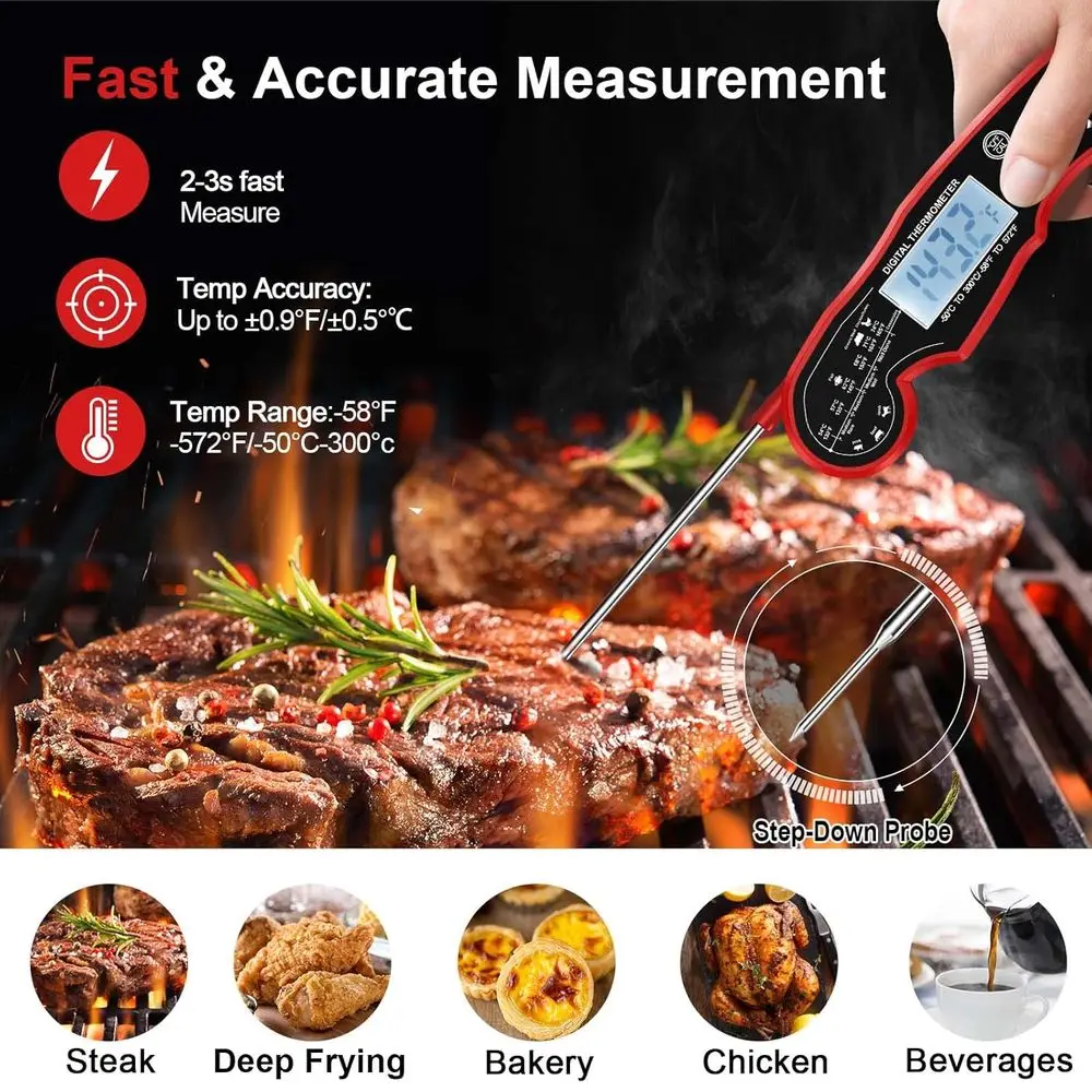 Meat Thermometer Digital Grilling and Cooking Waterproof Ultra-Fast Read Food Thermometers with Backlight & Cation for Kitchen,