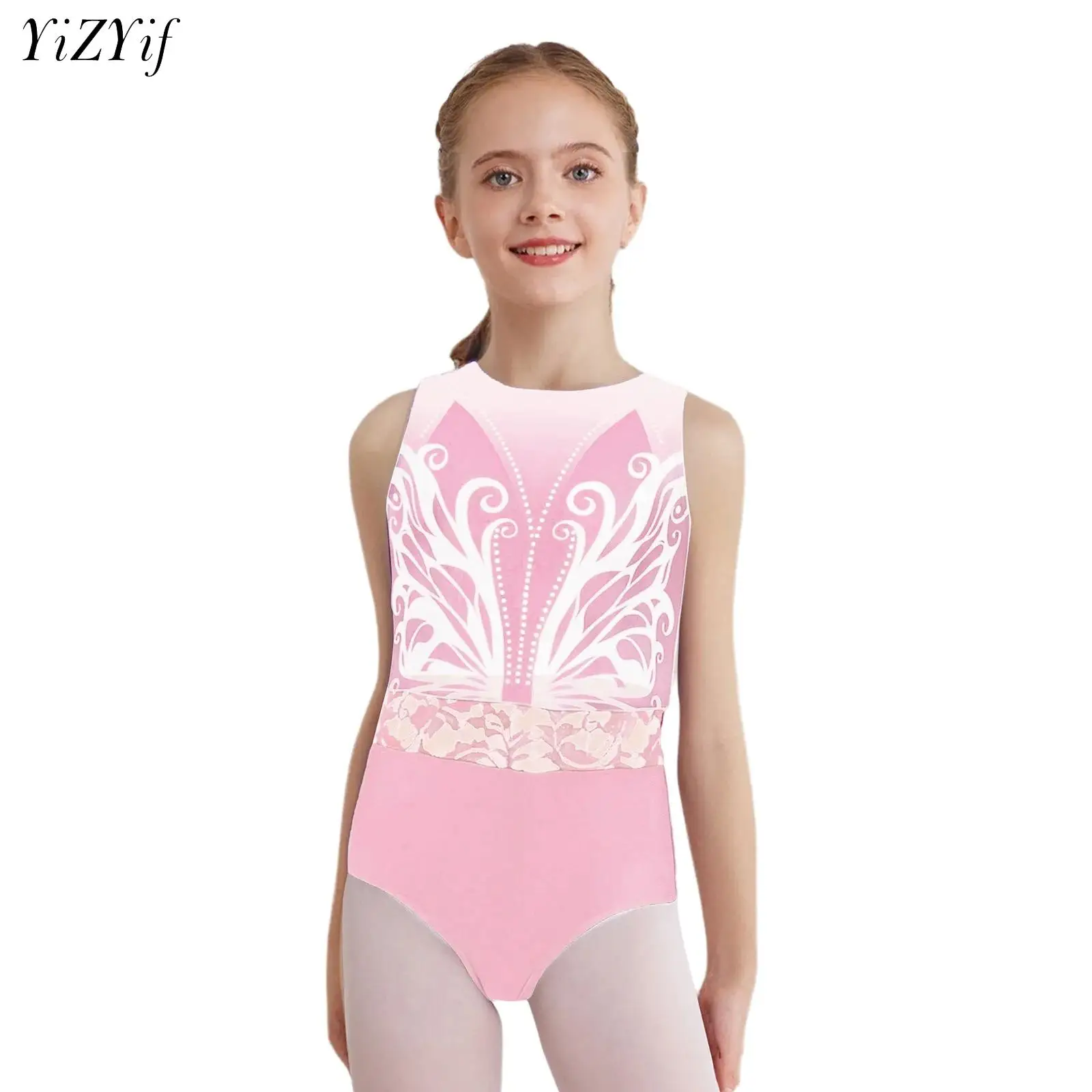 

Rhinestones Printed Leotard Kids Girls Lace Waist Gymnastics Leotard Bodysuit Ballet Dance Figure Skating Competition Dancewear