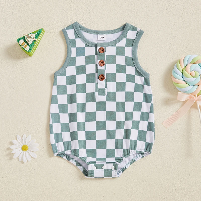 Newborn Baby Boys Tank Romper Summer Casual Checkerboard Print Sleeveless O Neck Buttons Jumpsuit for Toddlers Infants 0-18M