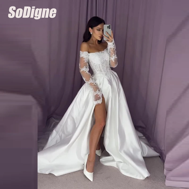 

﻿ SoDigne A-line Wedding Dresses Off Shoulder Satin/Lace Split Bridal Dress 2026 Bride Gown vestidos de novia Customized