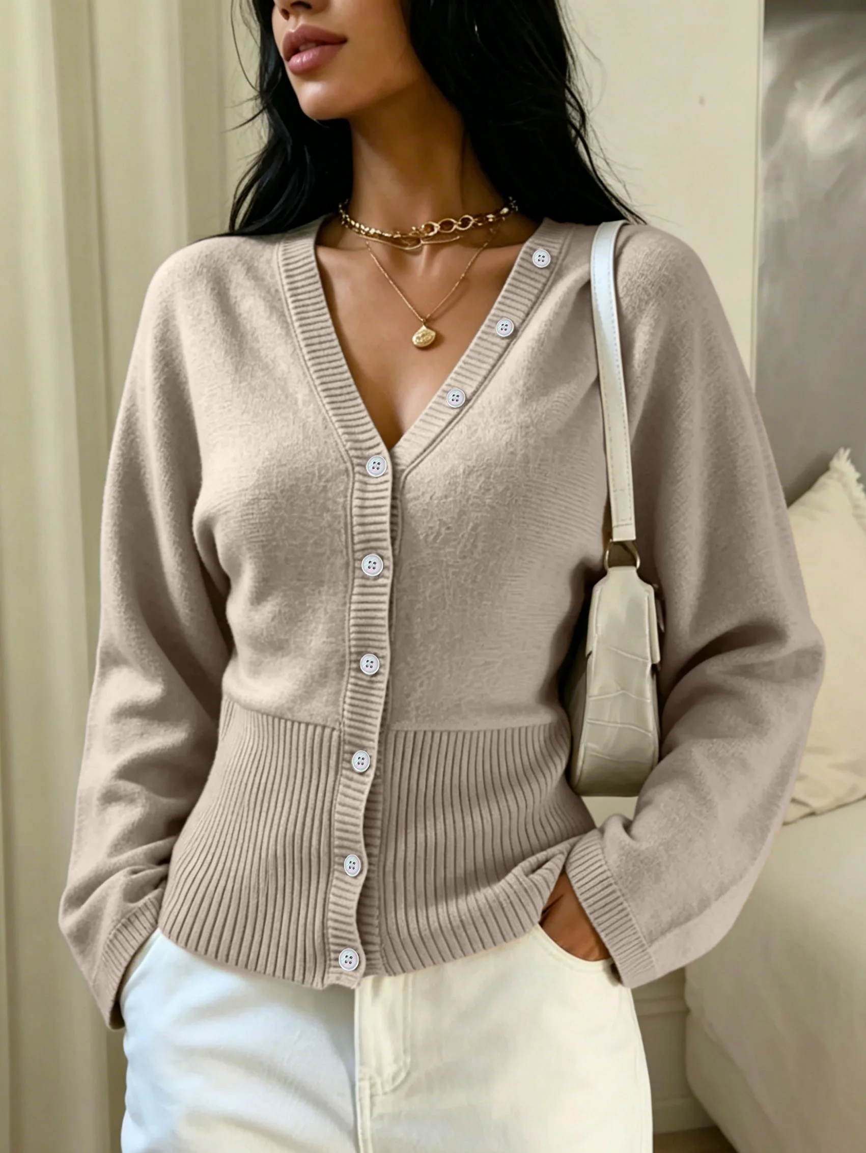 Picture 4: Women's pure-colored ribbed trimmed knitted cardigan, suitable for casual and elegant dating, suitable for spring and autumn