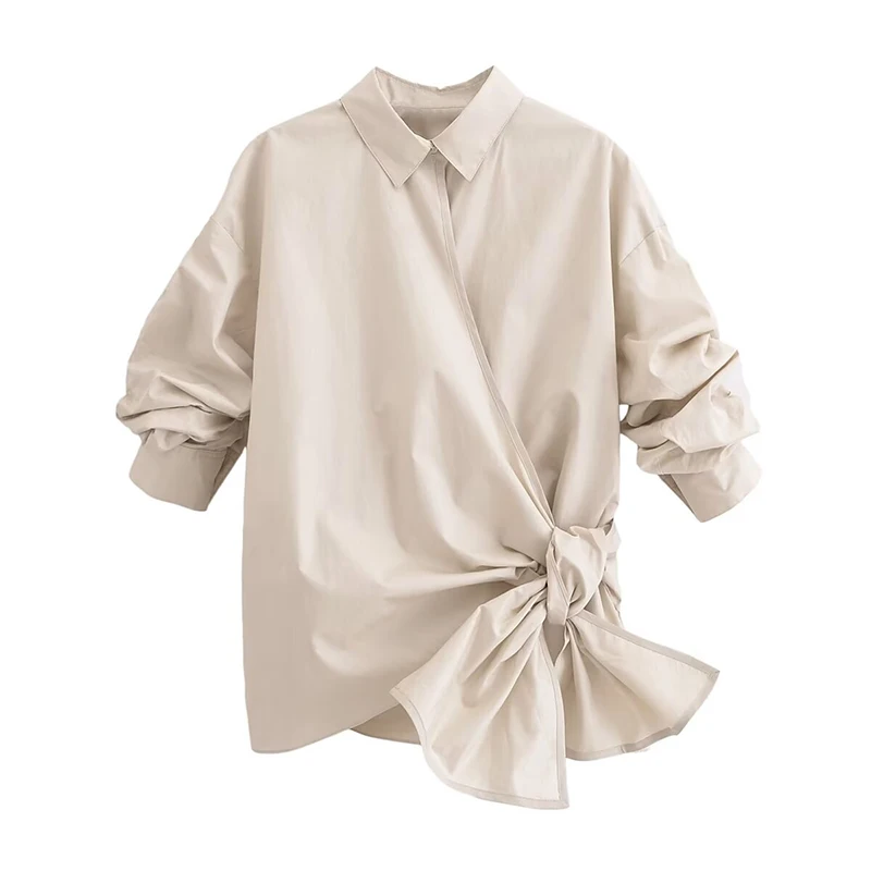 YENKYE-Chemise à ourlet asymétrique pour femme, chemisier à manches courtes, col à revers, chemises de bureau pour femme, décoration de nœud, nouvelle mode