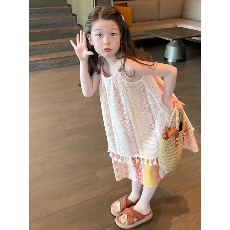Girls' Summer Dress with New Style Children's Beach Sleeveless Vest Princess Fashion and Beautiful Dress