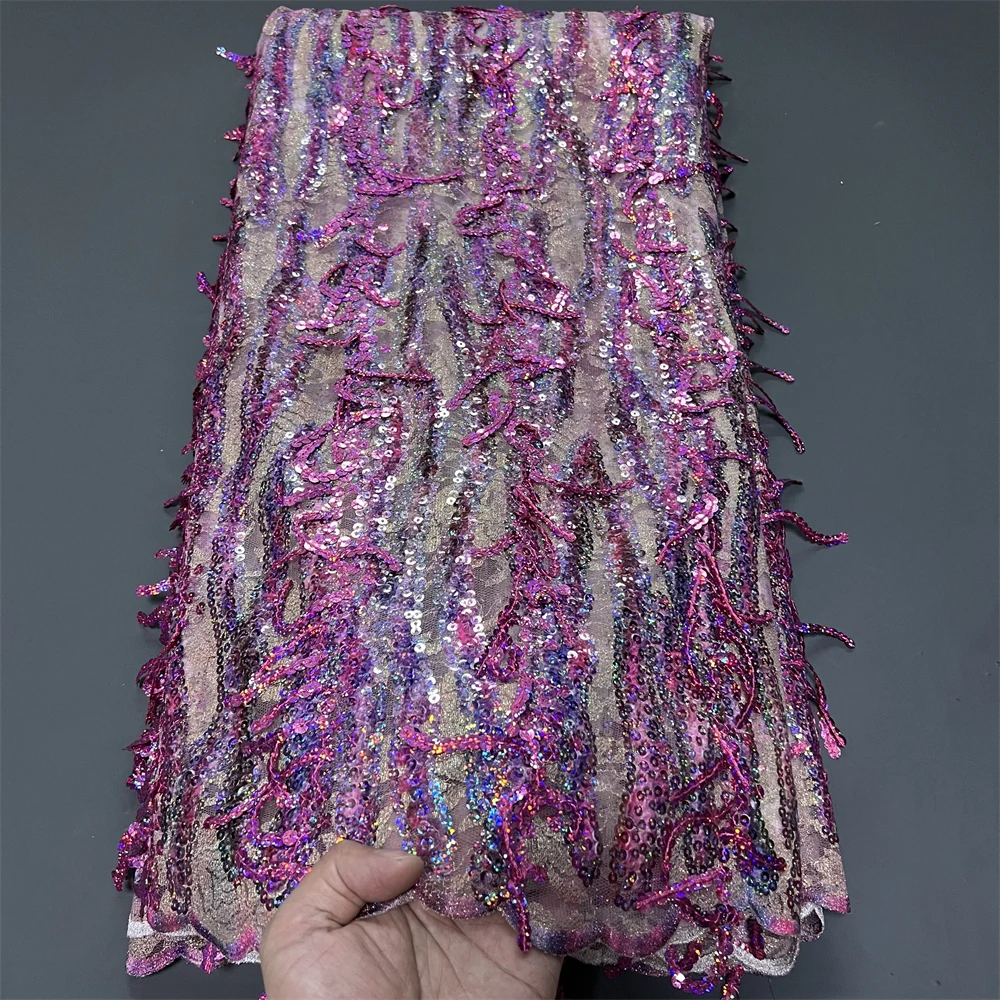 

Nigerian Sequins Tulle Lace Fabric High-Quality Embroidery African Net Cloth for Prom Dresses Beads 5 Yards 2025 PS0085