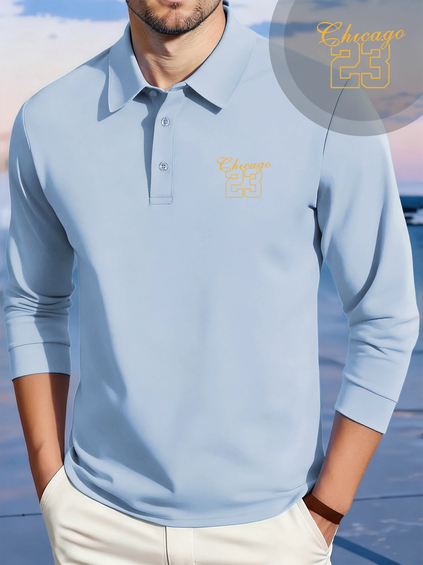 شيكاغو رقم 23 جيرسي طباعة قمصان بولو الذكور عارضة الملابس الناعمة أزياء عالية الجودة طويلة الأكمام زر جديد الخريف قميص