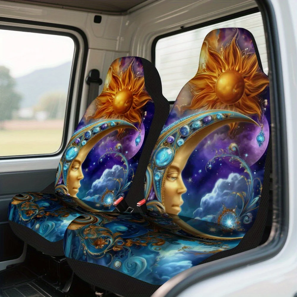 

Set Of 2 Cosmic Sun And Moon Design Car Seat Covers – Universal Front Seat Protectors Suitable For Cars, Suvs, And Sedans, Sturd