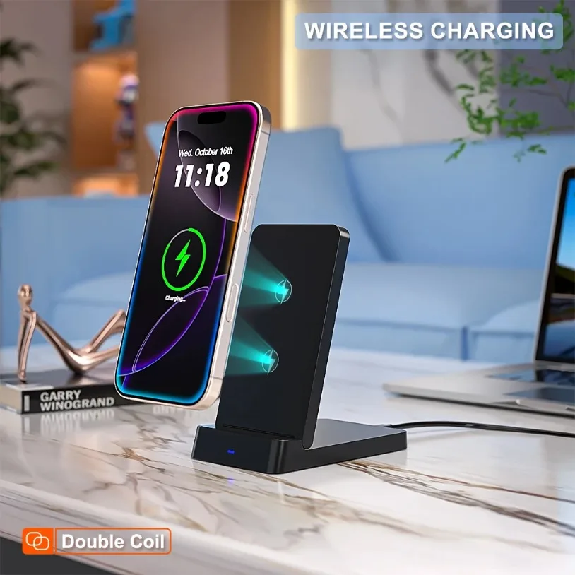 VIKEFON شاحن لاسلكي الهاتف سطح المكتب حامل قابل للطي حامل آيفون 17-12 برو ماكس سامسونج S24 Xiaomi محطة شحن سريع
